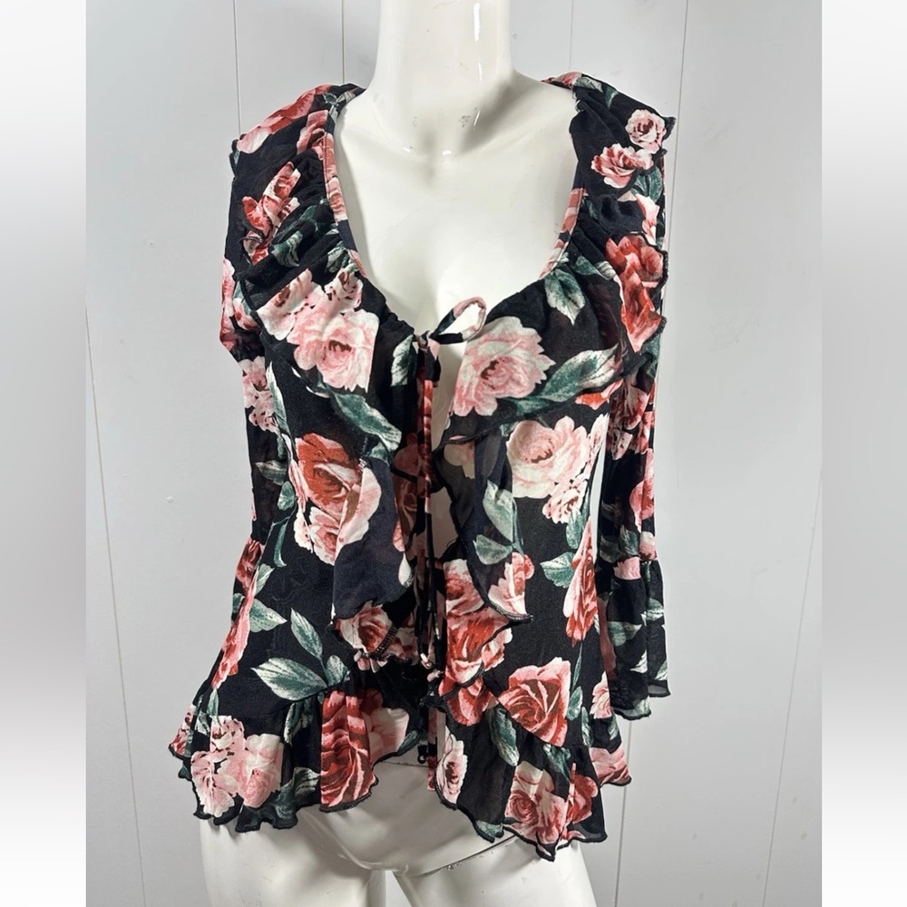 Another Reason Womens Sz M Sheer Mesh Floral Rose 3/4 Bell Sleeve Ruffle Blouse